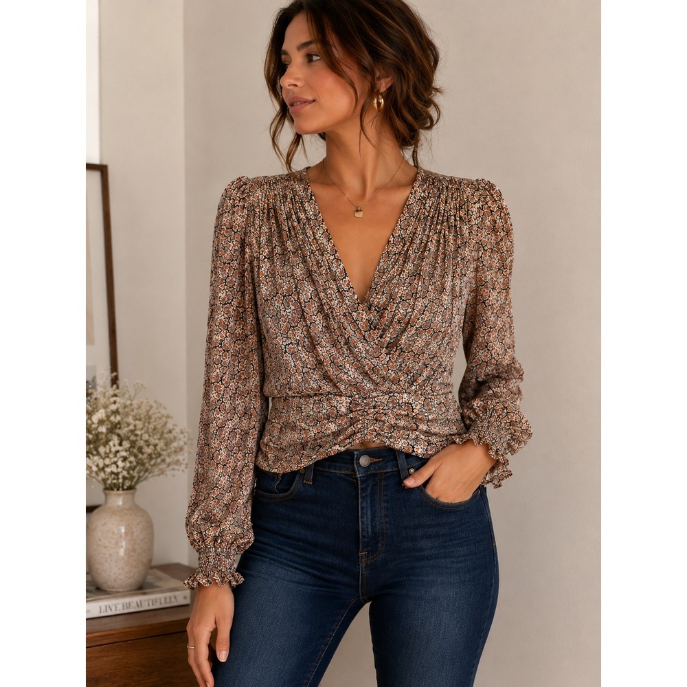 Y2K Morgan de Toi Floral Metallic Blouse Smocked Waist EU 38 S Romantic Boho